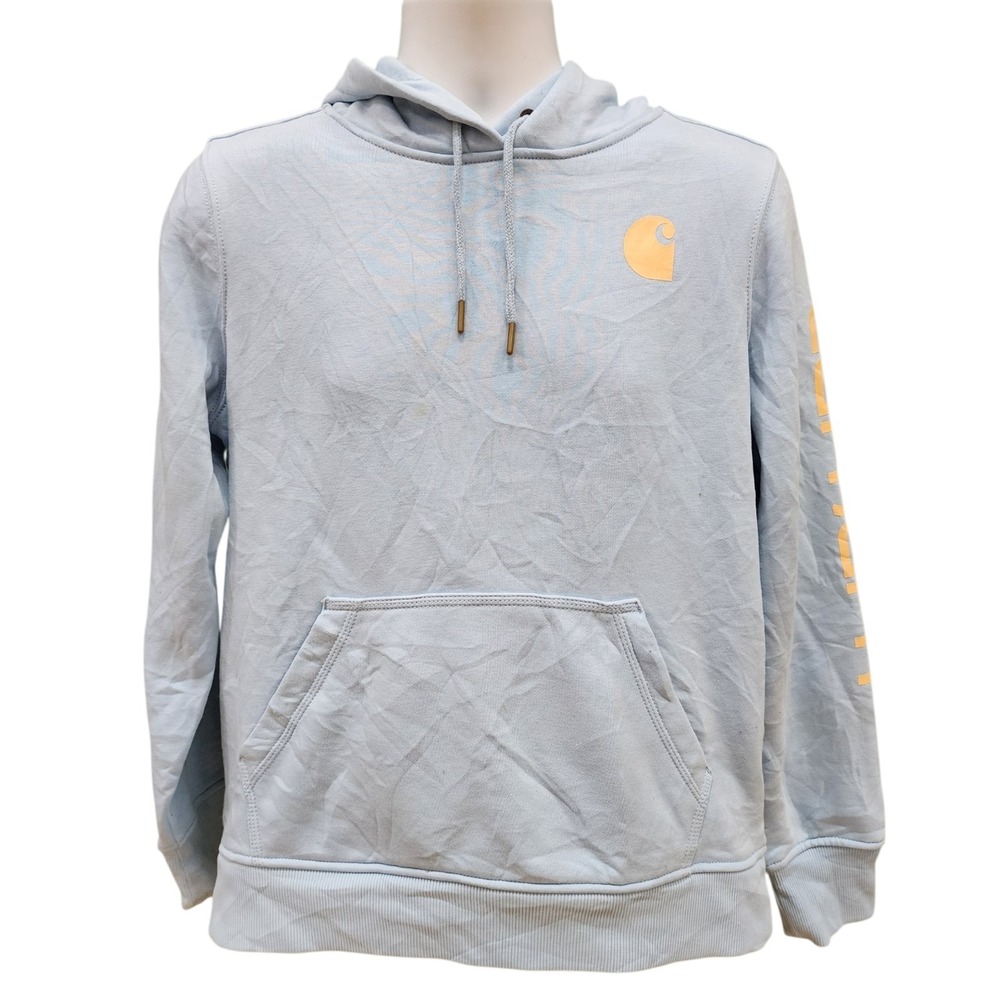 Carhartt Women's Hoodie M 8-10 Light Blue Spell Out Sleeve Relaxed Fit